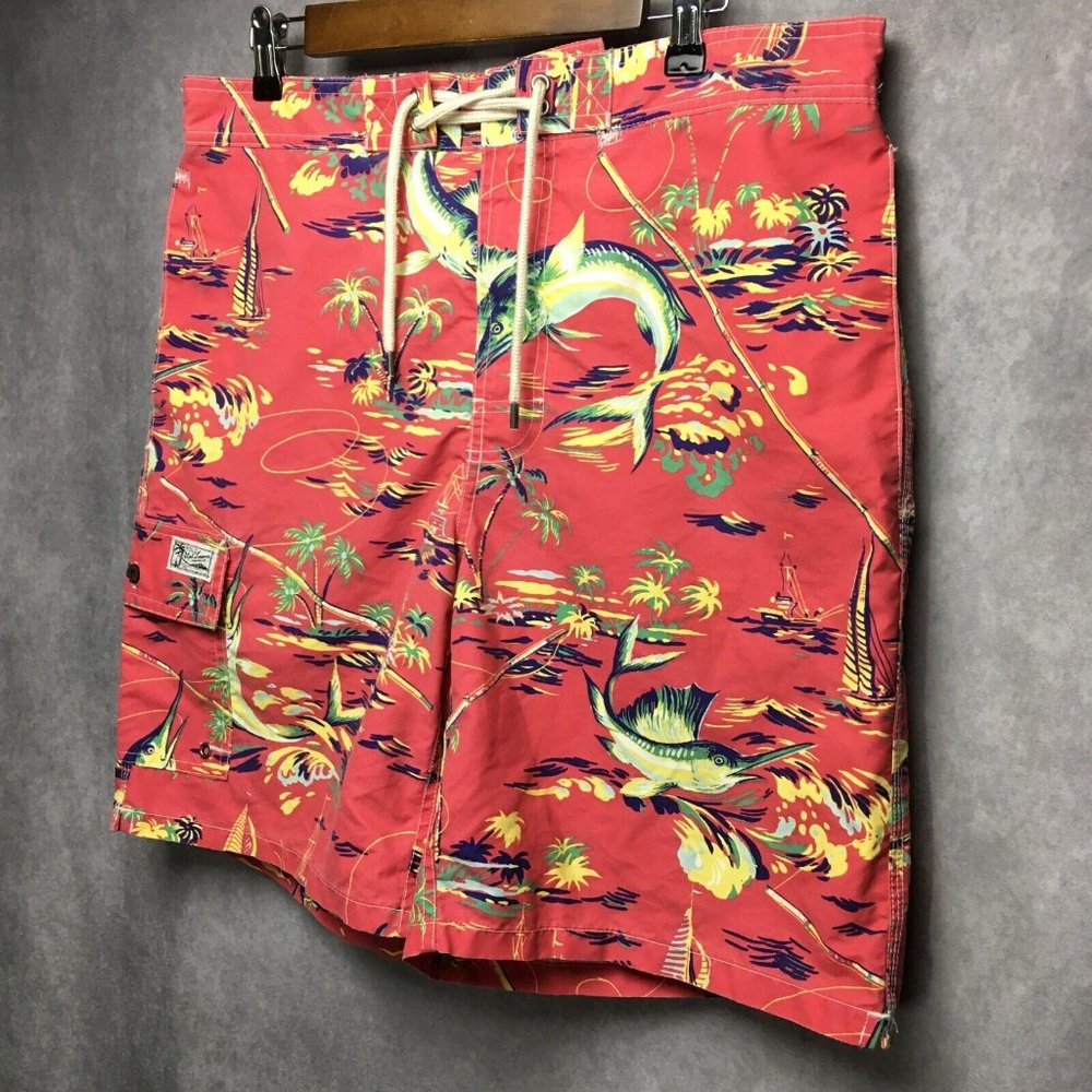 Polo‎ Mens Swim Trunks Shorts size L Pink Beach Print Palms Pockets Cut Liner - Picture 2 of 12